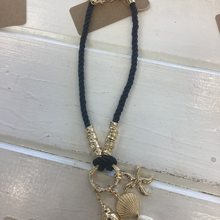 Necklace Black Cord Seashells