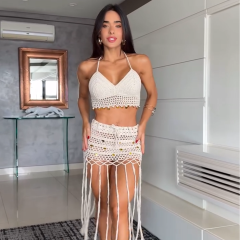 Crochet set cropped and skirt shiny long